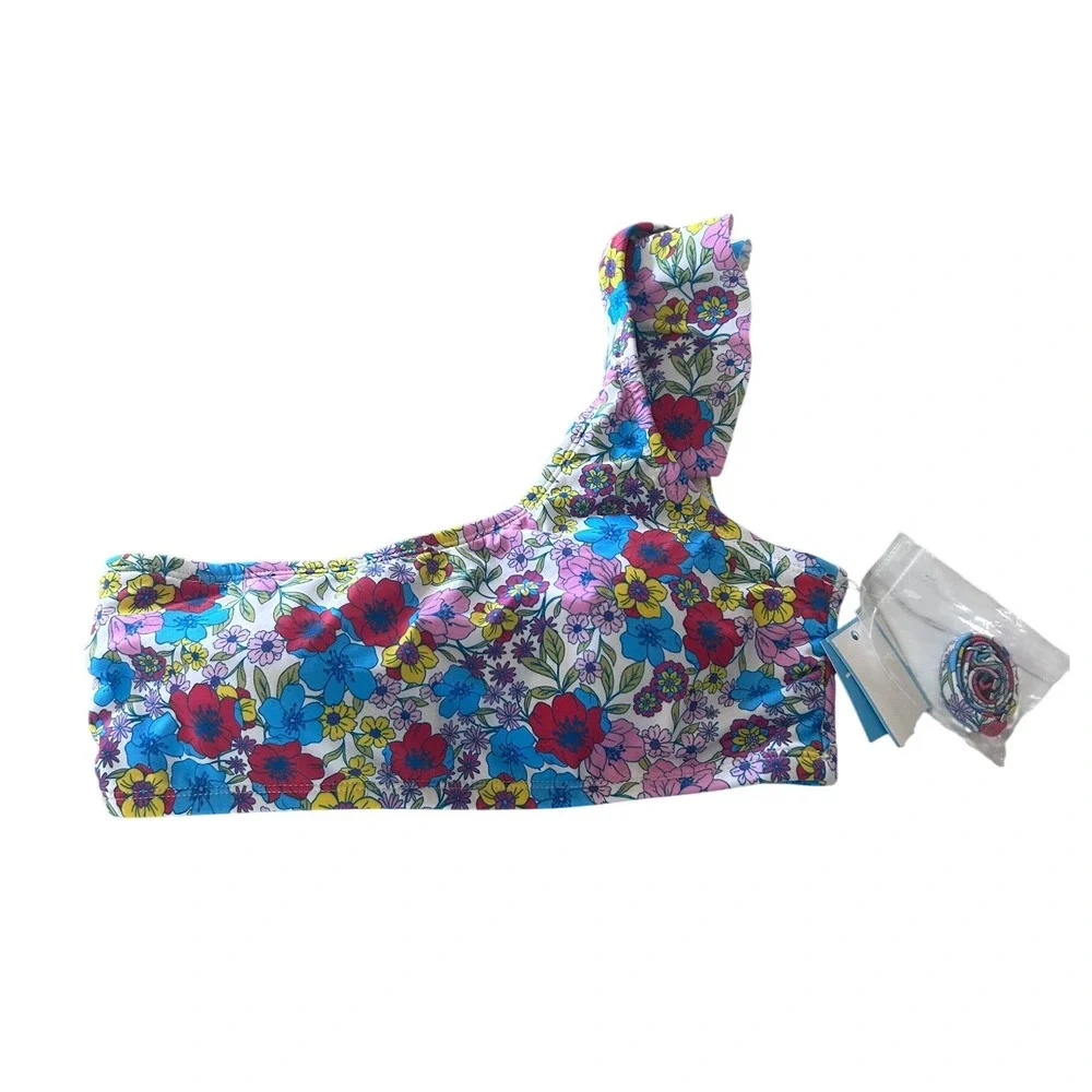 Draper James Floral One Shoulder Ruffle Bikini‎ Top UPF 50+ Large Multicolor NEW